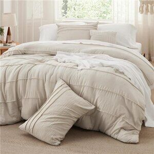 Pinch Pleat Queen Comforter Set 4pc Beige Boho Bedding